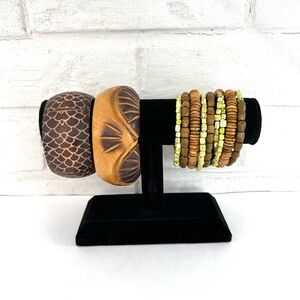 Chunky Tribal Style Wooden Bangle Bracelets Light Dark Browns Coil Lot Of 3